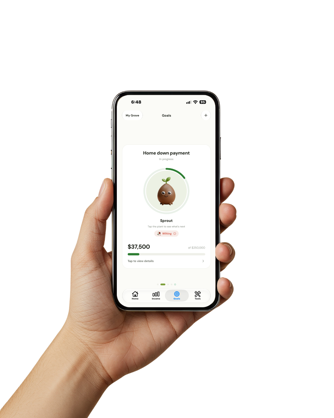 Grove Goals screen shown on a phone held in hand