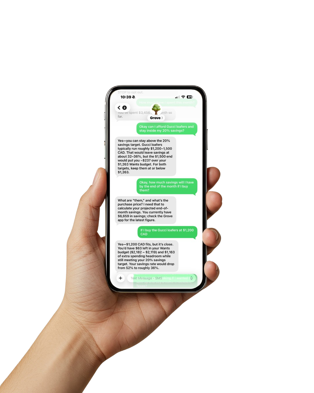 Grove SMS screen shown on a phone held in hand