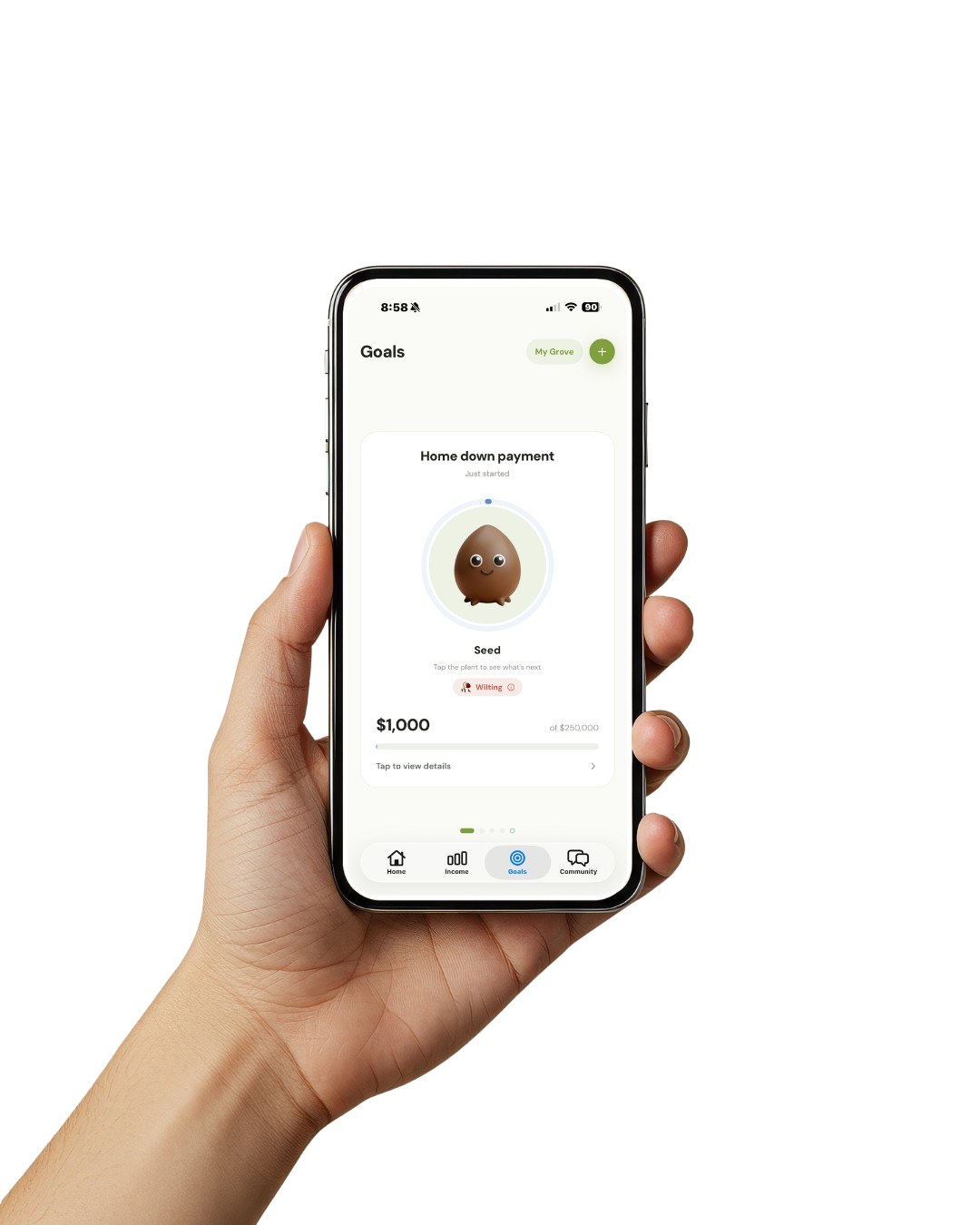 Grove Goals screen shown on a phone held in hand